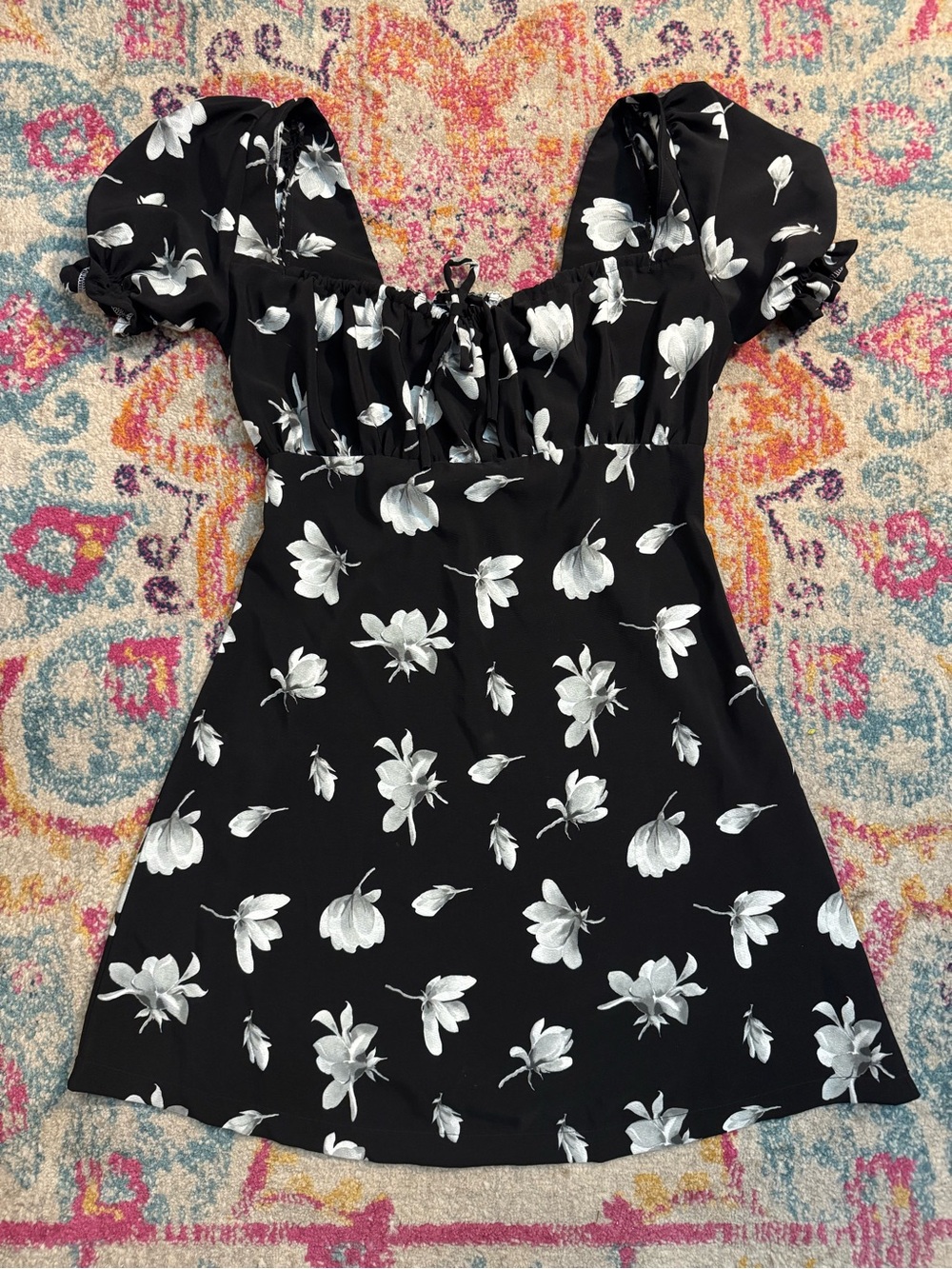 Black Floral Puff Sleeve Mini Dress Milkmaid Sweetheart Tie Front Cottagecore